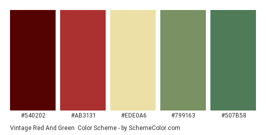 Vintage Red and Green Color Palette  Red colour palette, Vintage colour  palette, Green color schemes