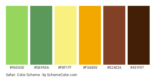 Safari - Color scheme palette thumbnail - #96D65E #5B995A #F8F17F #F3A800 #824026 #431F07 