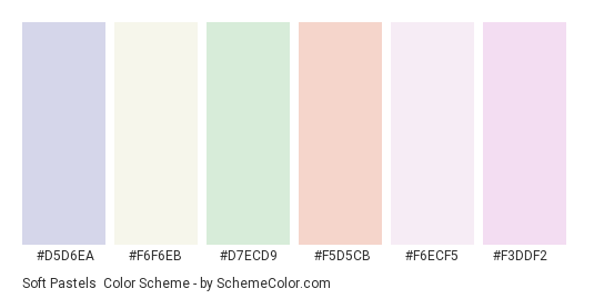 Cc6.php?color0=d5d6ea&color1=f6f6eb&color2=d7ecd9&color3=f5d5cb&color4=f6ecf5&color5=f3ddf2&pn=Soft Pastels