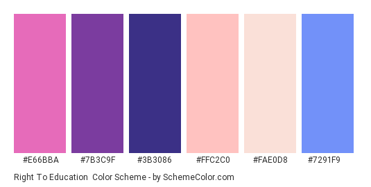 Right to Education - Color scheme palette thumbnail - #e66bba #7b3c9f #3b3086 #ffc2c0 #fae0d8 #7291f9 